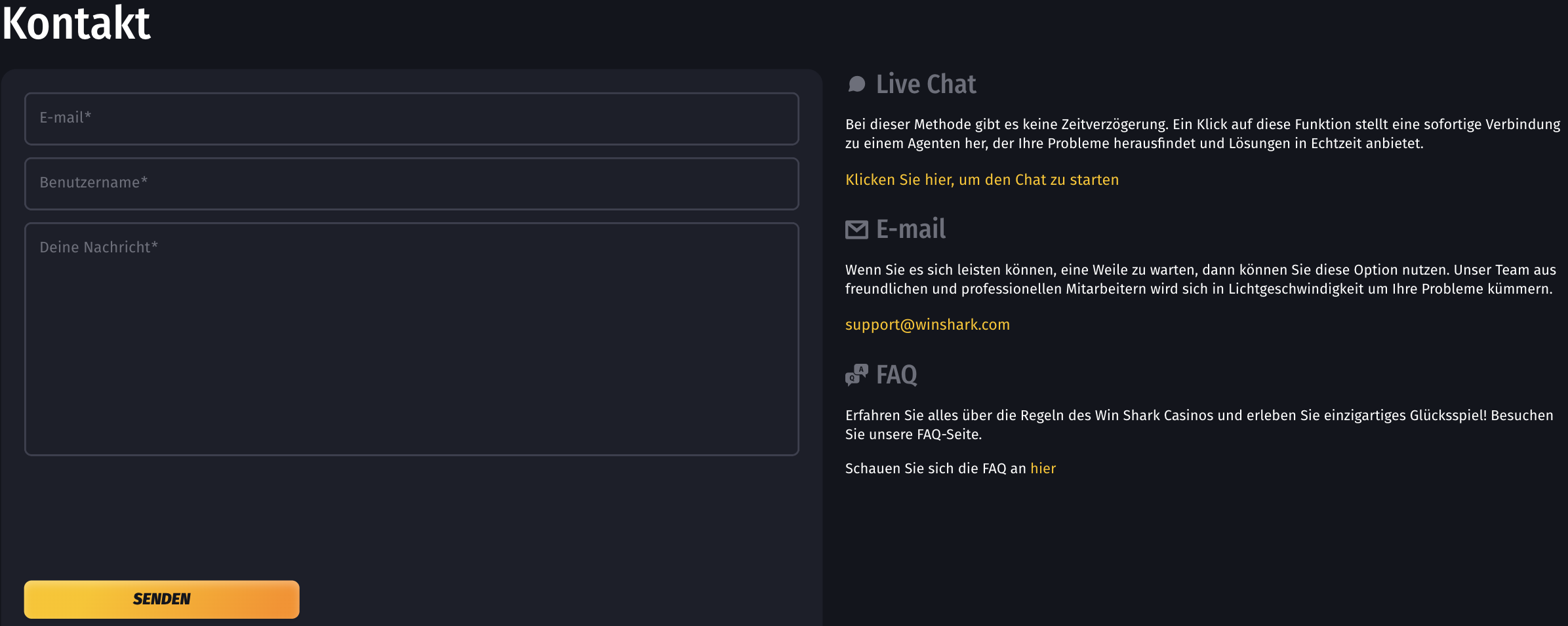 Kontaktdaten für Winshark-Casino Kundendienst Winshark.com