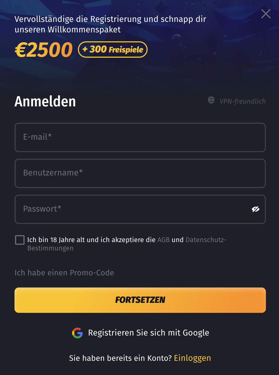 Registrierung im Winshark Casino Winshark Anmelden